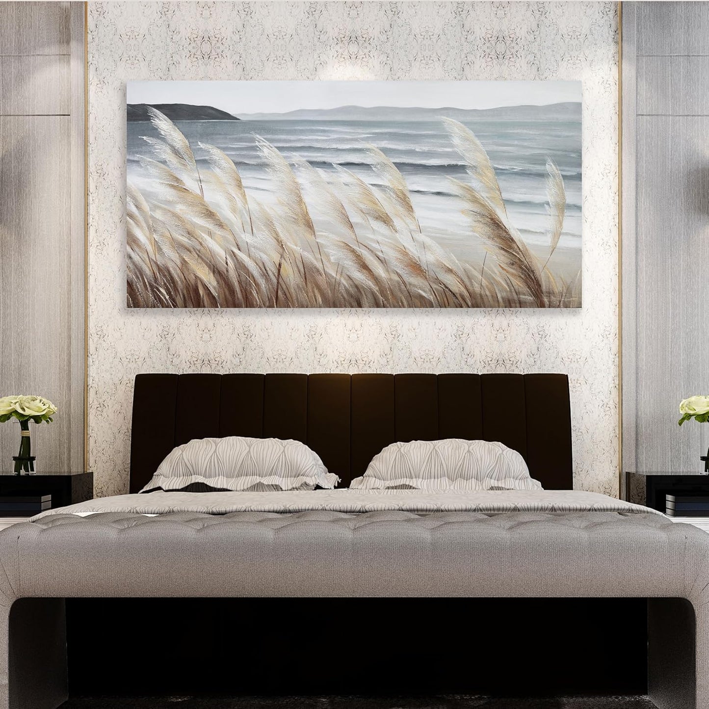 Plant Wall Art Nature Wall Art Reed Seascape Canvas Painting Wall Decor Framed Artwork for Bedroom Living Room Decoration Home Kitchen Office 20"x40"