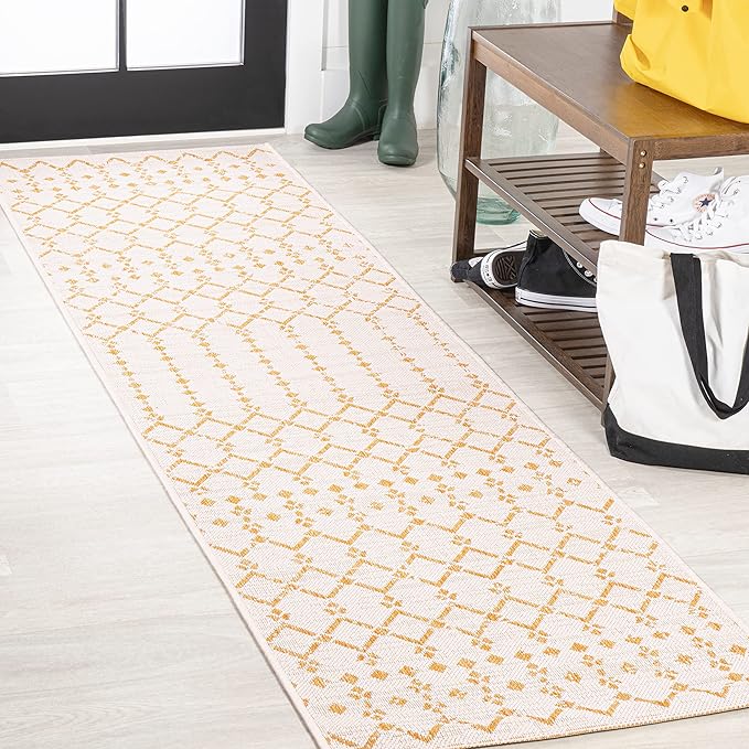 JONATHAN Y Moroccan Geometric Indoor Outdoor Runner Rug 2X10 Cream/Yellow, Ourika Textured Weave for Backyard, Patio, Porch, Easy-Cleaning, High Traffic, Pet-Friendly, Non-Shedding (SMB108J-210)
