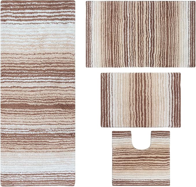 Home Weavers 100% Cotton Gradiation Collection Bathroom Décor | Washable Rug | Bathroom Mat | Kitchen Mat | Bathroom Rug Set | Bath Mat Set | Bath Floor Mat Non Slip, 4 Piece Set with Runner, Beige