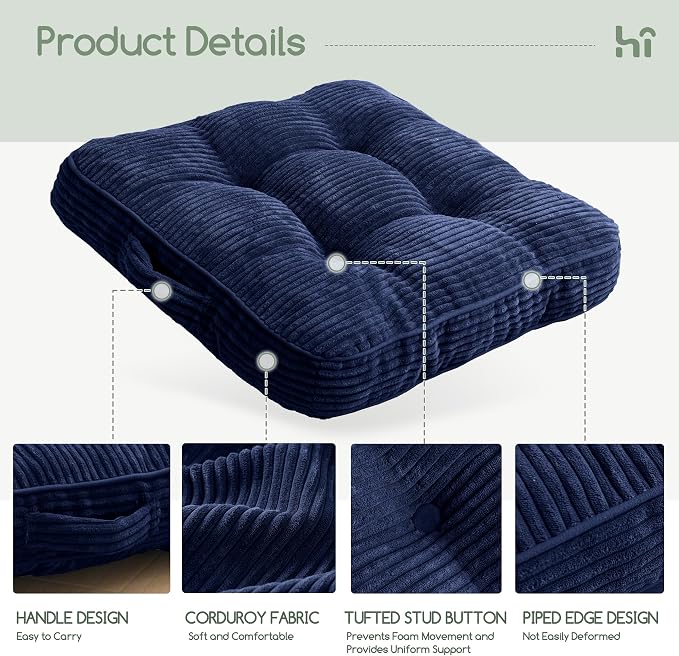HIGOGOGO Floor Pillow Cushion for Adults, Meditation Cushion Pillow, Large Square Floor Sitting, Tufted Corduroy Cover, for Tatami Living Room or Yoga, 22x22 Inch, Navy