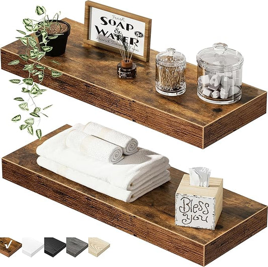 QEEIG Bathroom Floating Shelves for Wall - 15.7" Wall Mounted Shelf Over Toilet Farmhouse Home Decor Display Bookshelf Small 15.7 x 6.7 inch Set of 2, Rustic Brown (008-40BN)