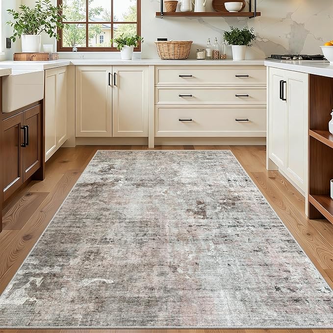 Soalmost Area Rugs 4x6 for Living Room, Vintage Washable Rugs for Dining Room, Kitchen, Non-Slip Area Rug Pink Grey
