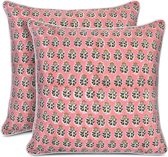 CPC 100% Cotton Throw Pillow Covers 24x24 Inch, Set of 2 Green Block Print Pattern Couch Pillow, Cute Boho Decorative Pillows for Living Room, Bedroom with Hidden Zipper- Poppy Pink