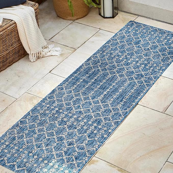 JONATHAN Y Moroccan Geometric Indoor Outdoor Runner Rug 2X8 Navy/Light Gray, Ourika Textured Weave for Backyard, Patio, Porch, Easy-Cleaning, High Traffic, Pet-Friendly, Non-Shedding (SMB108B-28)