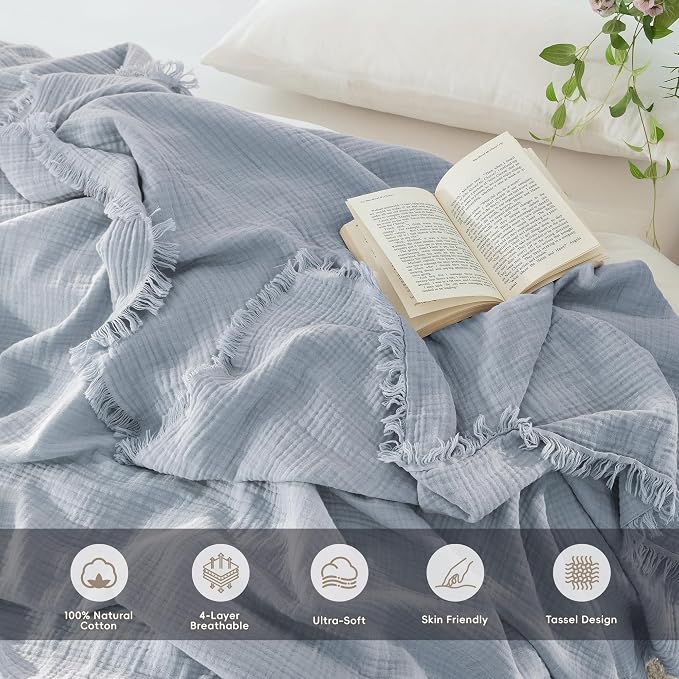 MooMee Muslin Blanket - 100% Cotton 4-Layer Gauze Throw Blanket with All-Around Fringe, Soft Breathable Lightweight Cooling Summer Blankets for Bed Couch(Dusty Blue,Oversize Queen 98" x 98")