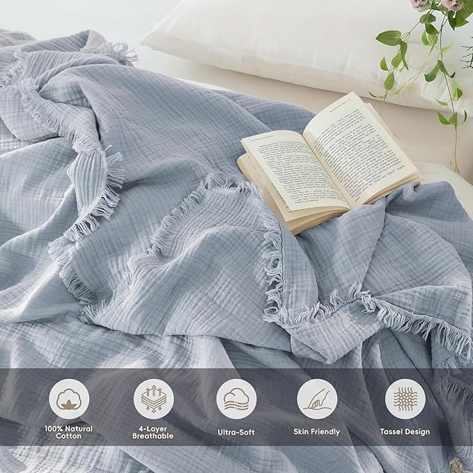 MooMee Muslin Blanket - 100% Cotton 4-Layer Gauze Throw Blanket with All-Around Fringe, Soft Breathable Lightweight Cooling Summer Blankets for Bed Couch(Dusty Blue,King 104" x 90")