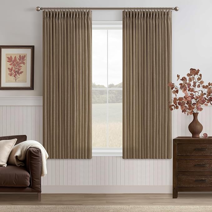 TWODRAPES Pinch Pleated Linen Curtains 63 Inches Long for Kitchen Bedroom Dutch Cocoa Boho Light Filtering Pleat Drapes with Hooks Rings Dining Room Linen Blend Window Curtain Privacy 2 Panels 63 Inch