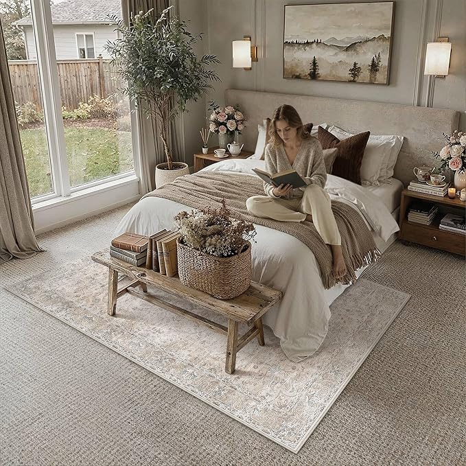 HUGEAR Area Rugs 5x7 Washable Rug for Living Room Bedroom Beige Vintage Rug Carpet Low Pile Non Slip No Shedding Soft Durable Indoor Dining Room Home Decor Floor Mat