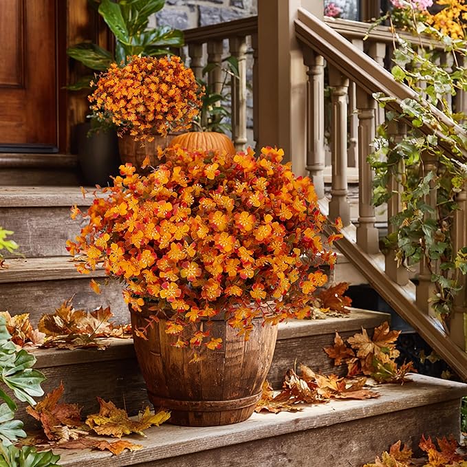 AXYLEX Artificial Fall Flowers Outdoor Fake Mums - 12 Bundles Fake Plants UV Resistant No Fade Faux Plastic Greenery Garden Porch Patio Fall Home Decor(RedOrangeYellow)