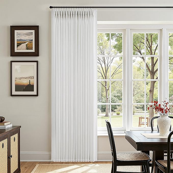 112 Inch Pinch Pleated Linen Curtains for Living Room Thick Flax Pleated Memory Light Filtering Semi Sheer Curtains with Pleated Hooks Back Tab for Track System Cream Ivory Pinch Pleat Window Drapes