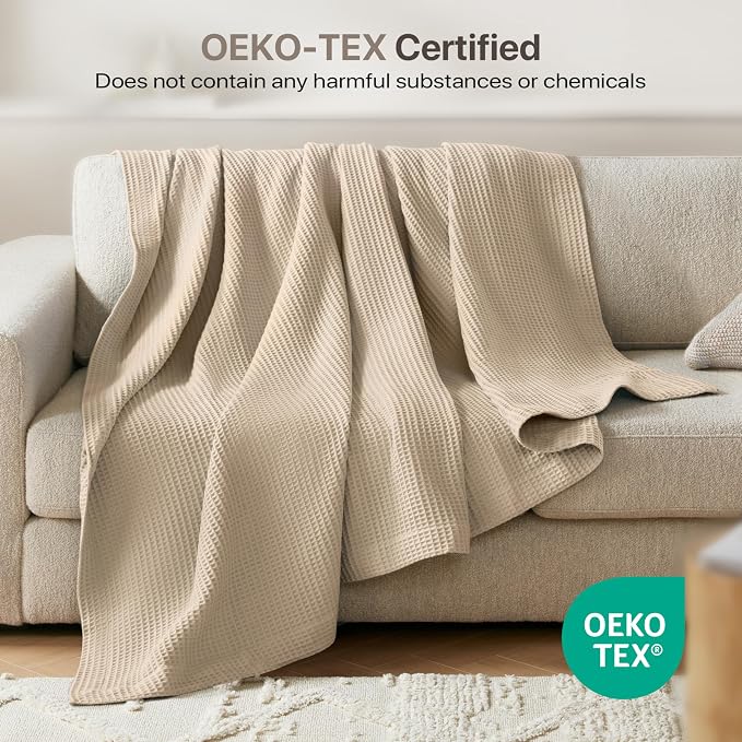 Madison Park 100% Cotton Blanket, Trendy Woven Waffle Weave Design, All Season, Lightweight, Breathable, Soft and Cozy Casual Summer Cover, for Bed, Couch and Sofa, Full/Queen(90 in x 90 in), Khaki