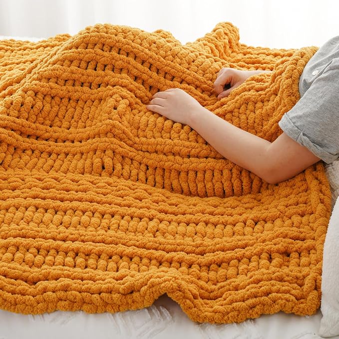 Battilo Chunky Knit Throw Blanket for Couch, Bed, 50"x60"，Mustard Yellow | Hand Knit, BohoThrow Blanket, Fall Decorative Throw, Cozy Warm Thick Soft Chenille Throw Blanket for Living Room