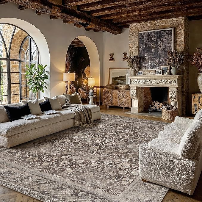 HUGEAR 9x12 Machine Washable Rugs Coffee Brown Hallway Large Area Rug Indoor Accent Rug Floral Low Pile Carpet Soft Throw Aesthetic Rug Bedroom Living Room Office Dining Room Kitchen Laundry Room
