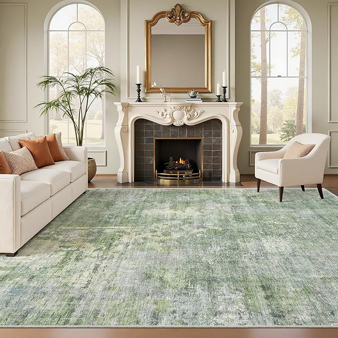 Soalmost 7x10 Area Rug for Living Room Washable Abstract Vintage Soft Thin Indoor Floor Non-Slip Carpet for Bedroom Dining Room Green Ivory