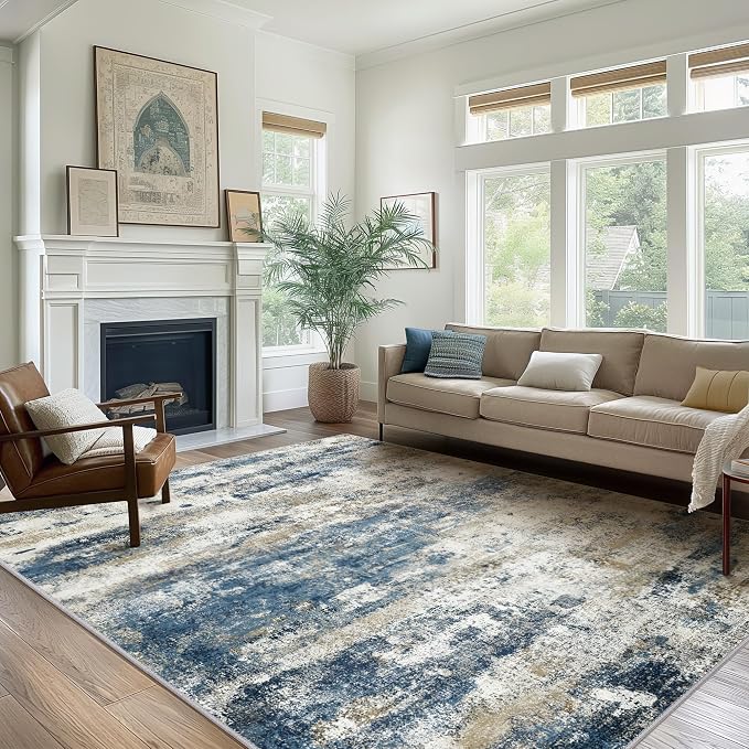 BEIMO Area Rugs 5x8 for Living Room Bedroom, Modern Abstract Machine Washable Rug, Large Soft Low Pile Floor Carpet with Non Slip Backing for Dining Room, Navy Blue Beige