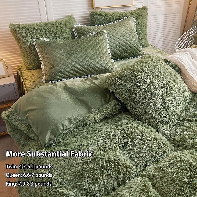 LIFEREVO Luxury Plush Shaggy Duvet Cover Set, Soft Velvet Fluffy Furry Duvet Cover Set(1 Faux Fur Fuzzy Comforter Cover+1 Pompoms Pillowcase)Solid Bedding Set, Zipper Closure(Twin/Twin XL, Sage Green)