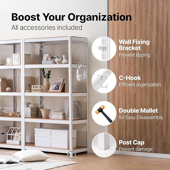 HOMEDANT House 24.4" W 5 Tier Heavy Duty Garage Shelving Adjustable Metal Rack Storage Shelves Standing Shelf Unit Organizers Pantry Closet Office White 2Pack