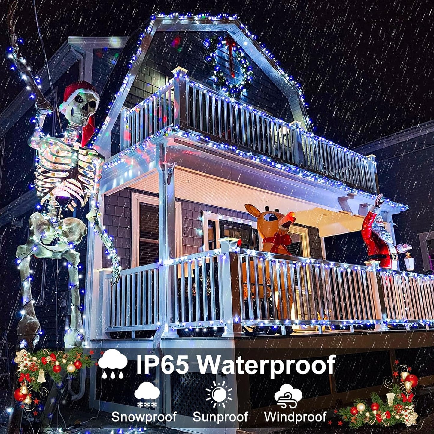 Christmas Lights Outdoor, 66FT 200 LED Christmas Tree Lights with 8 Modes Waterproof, Green Wire Plug in String Light for Indoor Patio Garden Xmas Party Wedding Holiday Decor, Blue White