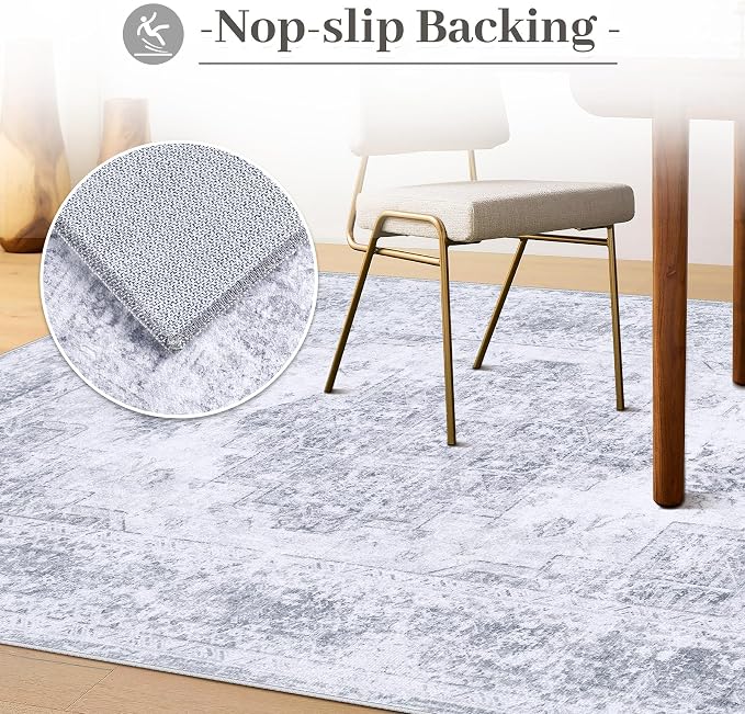 XLUEZ Area Rug 5x7 Living Room Rug, Machine Washable Vintage Distressed Medallion Rug Non-Slip Soft Low Pile Large Indoor Rugs for Bedroom Kitchen Dining Room Office(LightGrey,5'x7')
