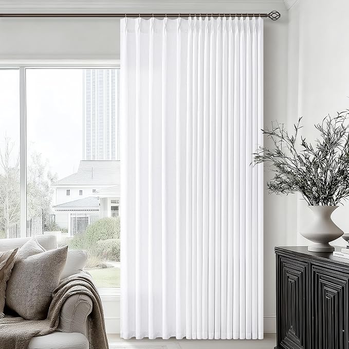 White Linen Curtains 120 Inches Long Pinch Pleated for High Ceiling Living Room 2 Panels Boho Farmhouse Semi Sheer Pinch Pleat Drapes Hooks Rings Back Tab Extra Long 120 Inch Curtain Bedroom Dining
