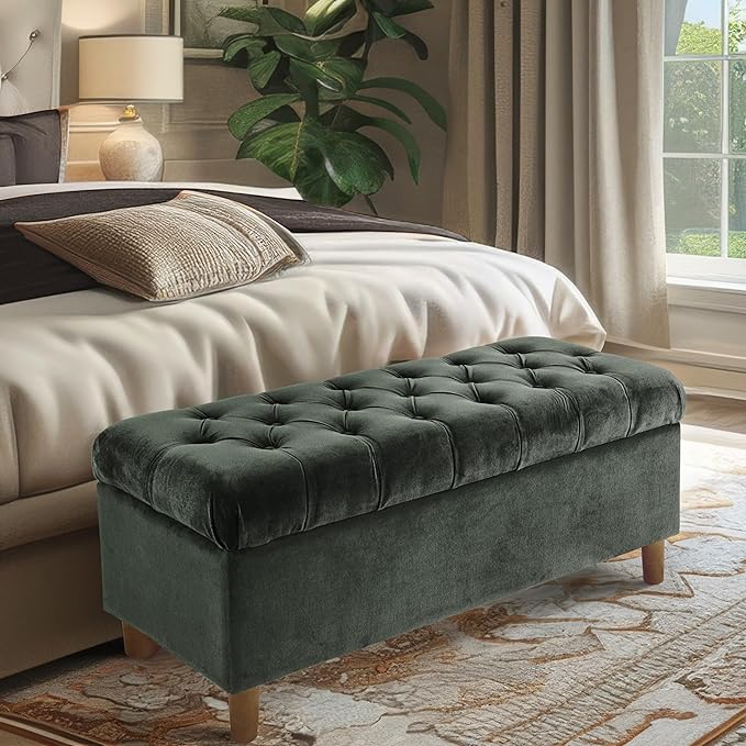 HomePop 40" Ainsley Button Tufted Storage Bench - Loden Green Velvet
