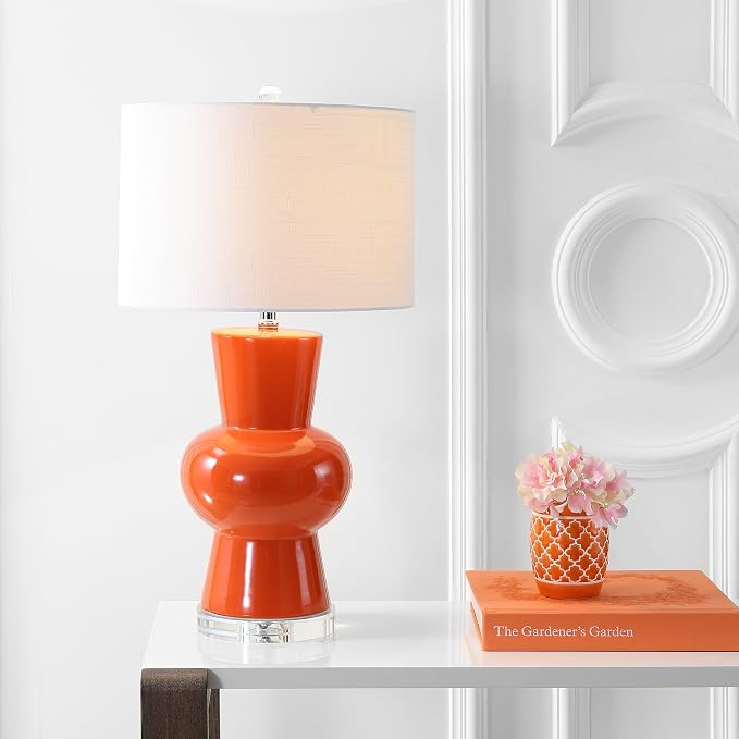 JONATHAN Y 28.5" Coral Ceramic Table Lamp for Living Room Bedroom Nightstand, Modern Hourglass LED Bedside Lamp with Crystal Base and Linen Shade (JYL4027C)