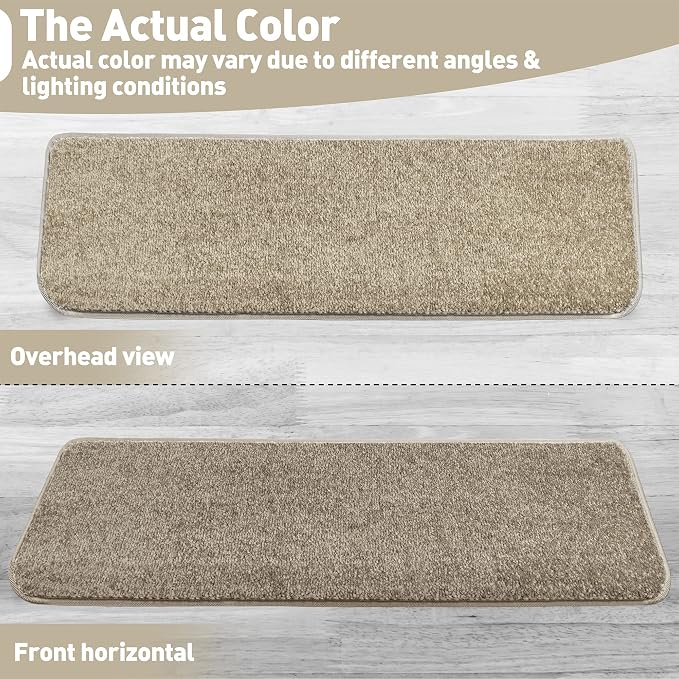 PURE ERA Bullnose Carpet Stair Treads Set Tape Free Non-Slip Indoor Stair Protectors Pet Friendly Rugs Covers Soft Skid Resistant Washable Reusable 9.5" x 30"(14 Pieces,Cream Gray)