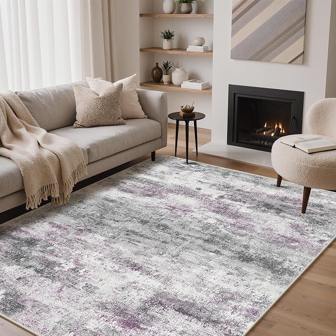 BEIMO Area Rugs 5x7 for Living Room Bedroom, Modern Abstract Machine Washable Rug, Large Soft Low Pile Floor Carpet with Non Slip Backing for Dining Room, Grey/Purple