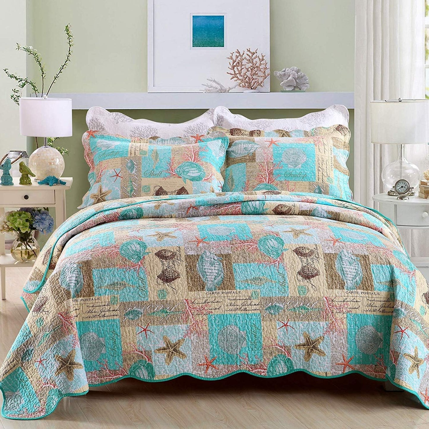YAYIDAY Quilts Queen Size Bedspread Set - 100% Cotton Reversible Breathable Star Fish Coral Shell Style Quilted Quilt with Pillow Shams for All Seasons