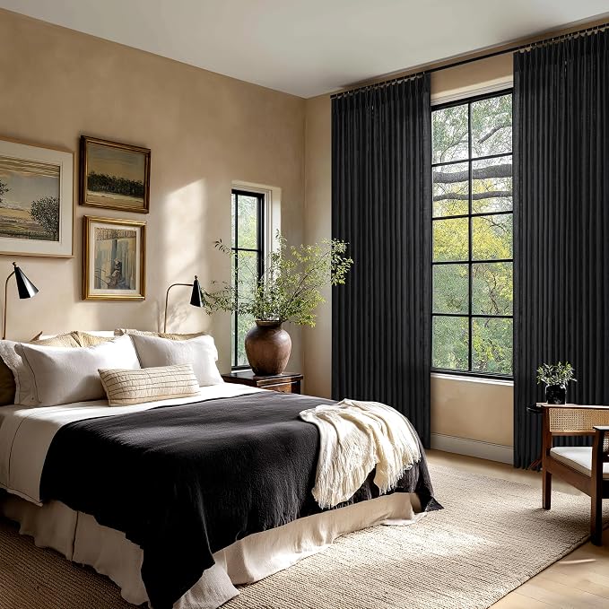 Black Pinch Pleated Linen Curtains 105 Inches Long for Living Room 2 Panels Set Memory Trained Viral Pleat Drapes Back Tab Light Filtering Neutral Boho Ceiling Floor 105 Inch Length Window Curtains