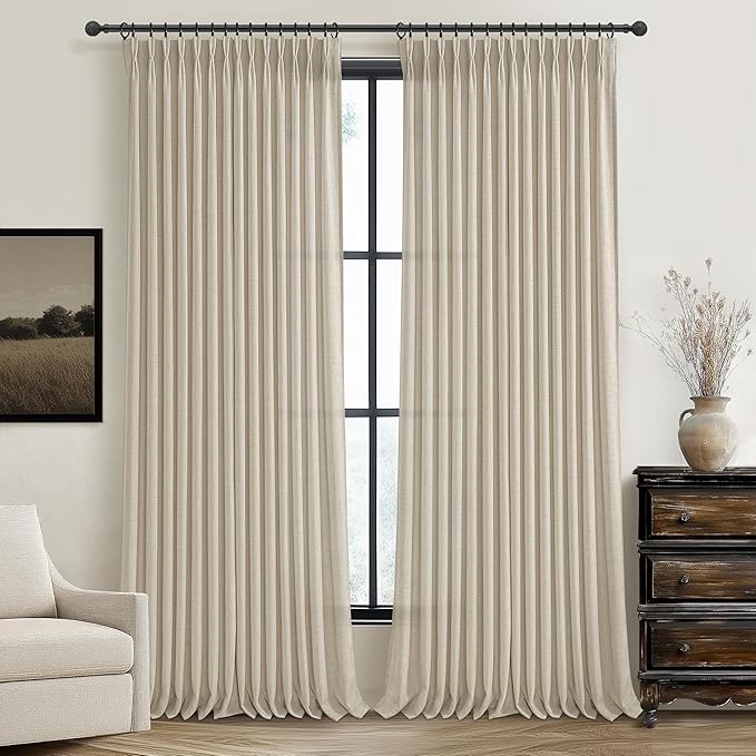 PleatedDrapes Warm Beige Burlap 95 Inch Curtains 2 Panel Set for Nursery, Memory Trained Pinch Pleat Linen Blend Country Curtain Farmhouse Light Filtering Sheer Drapes for Office at Home 40x95 Inches