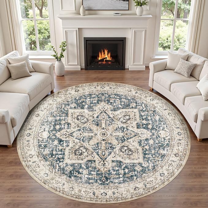 Tortania 4' Round Area Rug Living Room Rugs - Washable Boho Rug Vintage Oriental Distressed Farmhouse Large Thin Indoor Carpet for Bedroom Under Dining Table Home Office - Cream/Blue