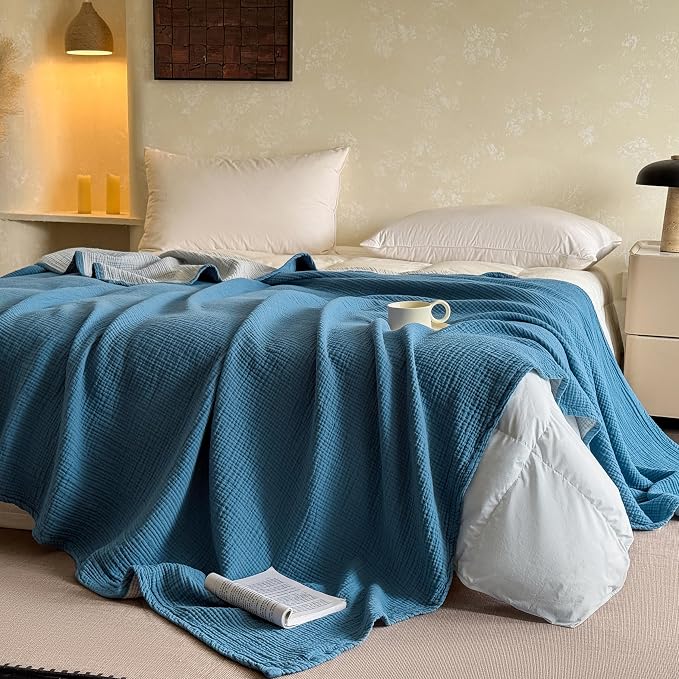 FALUCA Cotton Muslin Cooling Reversible Blanket King Size for Bed, Couch, Four Layers Blanket, Soft Lightweight Cozy Breathable Farmhouse Decoration for Summer, Light Blue