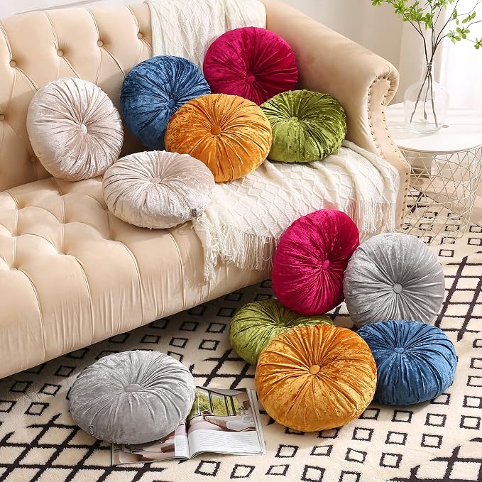 Verpert Pack 2：Round Floor Cushions Pillow, Solid Color Velvet Meditation Cushion Pumpkin Pleated Meditation Pillow for Home Sofa Bed Car Decor Floor Pillow Cushion Beige