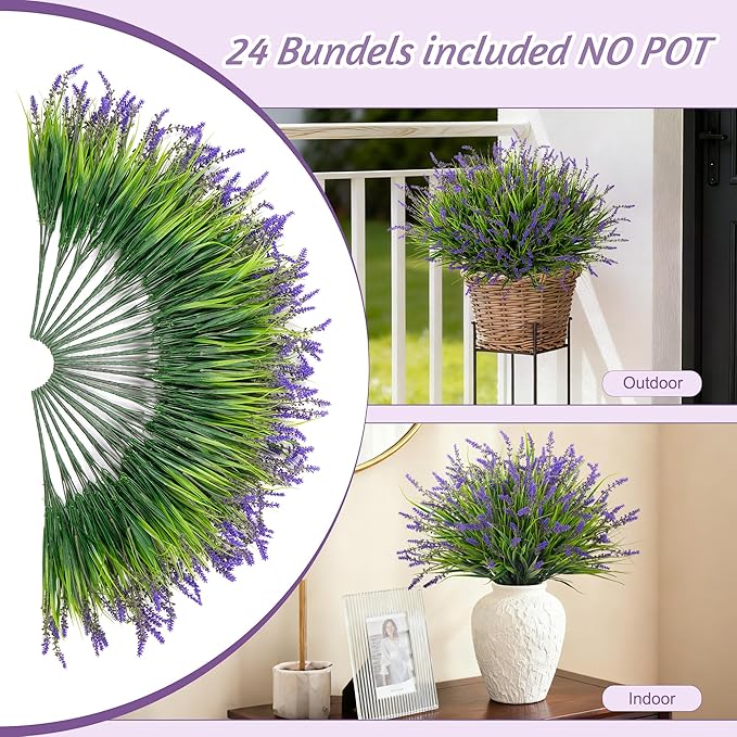 Ammyoo 24 Pcs Artificial Faux Plants for Outdoor Spring Decoration, Fake Monkey Grass for Garden Porch Balcony Planters, Fake Greenery Shrubs UV Resistant No Fade Plants Bush for Pathway(Purple)
