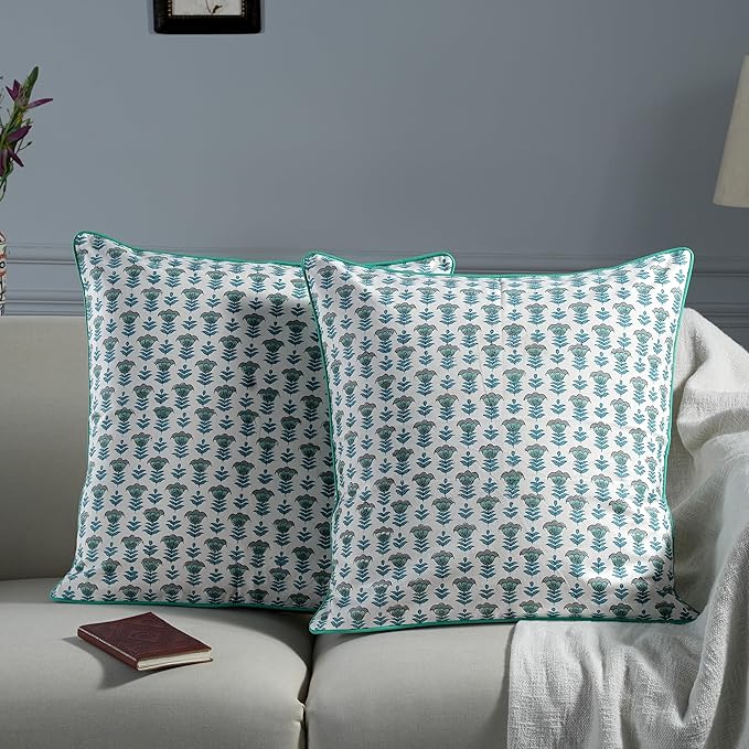 Ridhi Block Print Aquamarine Blue Pillow Cover 18" x 18" (Pack of 2) Decorative Couch Pillows for Living Room, Chic Boho Cute Outdoor Pillows Covers Gifts for Spring, Easter and Valentine