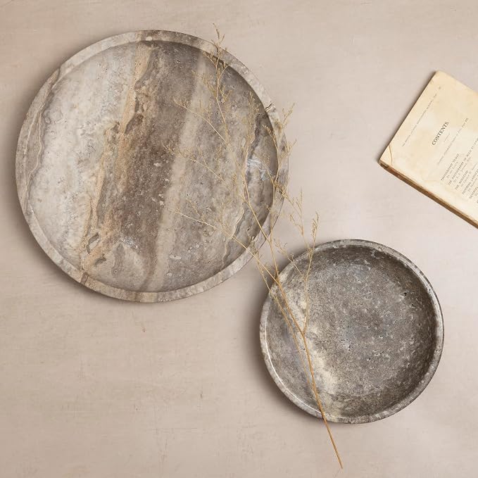 Shelf & Nook Travertine Decorative Bowls for Home Decor. Key Bowl for Entryway Table in a Choice of 5 Colors (Silver-Grey, Large)
