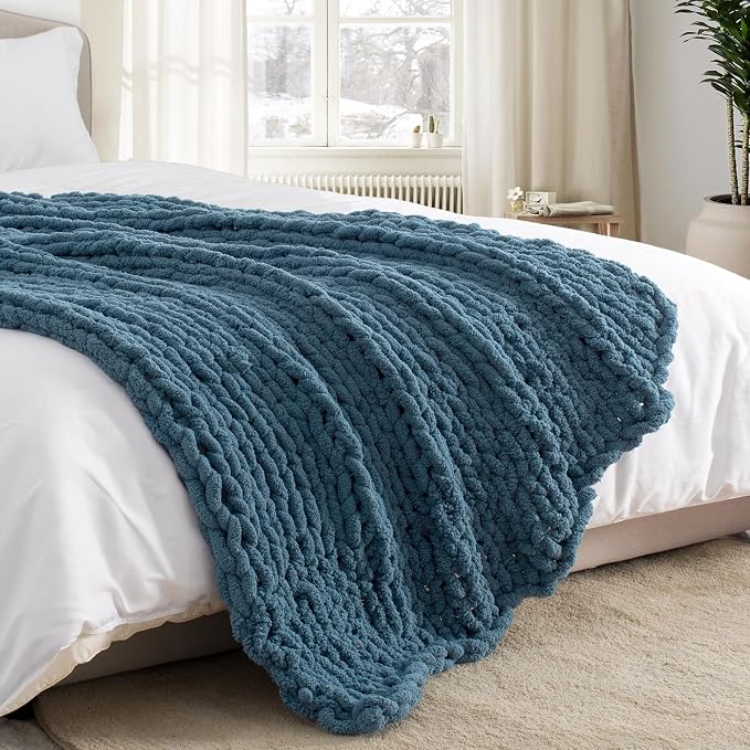 Chunky Knit Throw Blanket 50x60, 100% Handmade Chenille Yarn | 4.4lbs Soft Thick Cable Knitted Blankets, Large Rope Knot Crochet Throws for Couch Sofa Bed Machine Washable, Lyons Blue