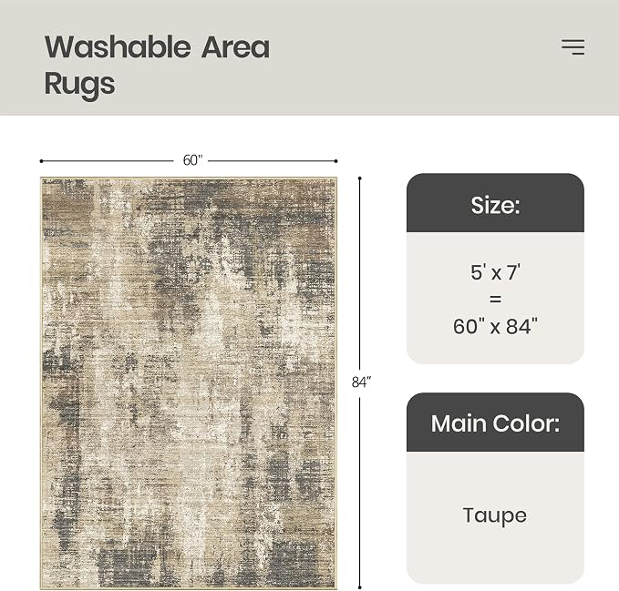 Valenrug Washable Rugs 5x7 - Stain Resistant 5x7 Area Rugs for Living Room, Non Slip Backing Abstract Rugs for Bedroom, Folable Machine Washable Area Rug(5'x7', Taupe)