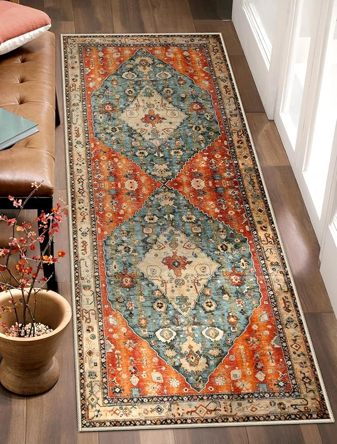 SERISSA Boho Washable Runner Rug, 2x5 Rug Non-Slip Tribal Hallway Kitchen Runner Rug Ultra Soft Print Distressed Vintage Floor Carpet for Bedroom Bathroom Laundry Living Room