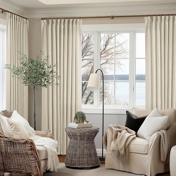 Extra Wide Pinch Pleat 60 x 102 Inch Linen Curtains for Living Room Neutral Beige Light Filtering Semi Sheer Pleated Curtains for Patio Glass Sliding Door Dining Bedroom Large Window 60x102 1 Panel