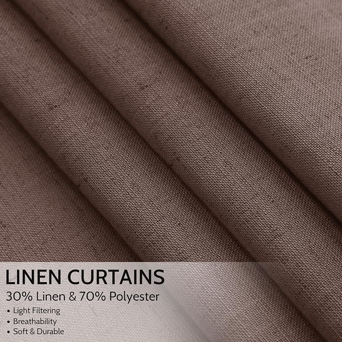 Cappuccino Linen Curtains 72 Inch Long for Living Room Bedroom Lightweight Door Drapes 2 Panels Set, Semi Sheer Light Filtering Back Tab or Rod Pocket Curtain,52x72