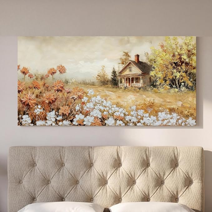 Acocifi Textuted Wildflowers Canvas Wall Art 40"x20" Vintage Landscape | warm yellow, farmhouse decoration, waterproof non-fading, ready to hang, artwork for living room bedroom home