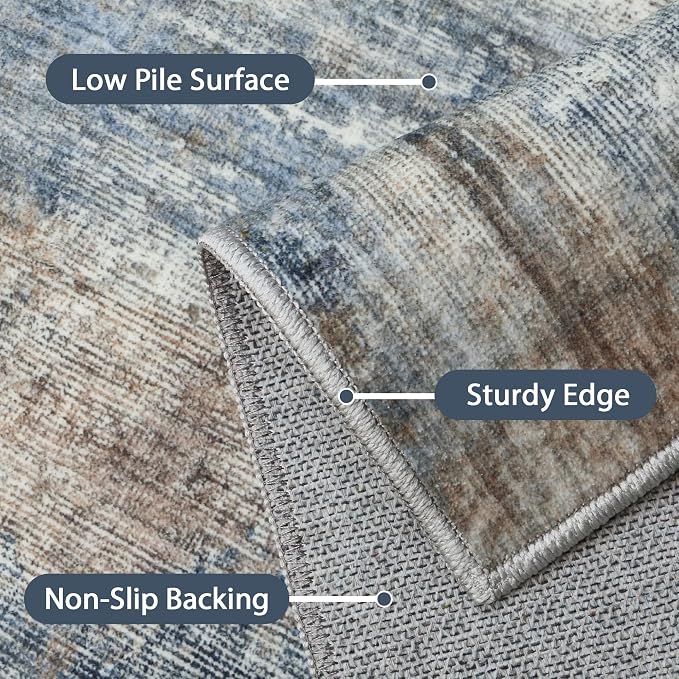 BEIMO Area Rugs 8x10 for Living Room Bedroom, Modern Abstract Machine Washable Rug, Large Soft Low Pile Floor Carpet with Non Slip Backing for Dining Room, Denim Blue/Taupe