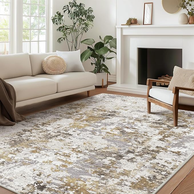 BEIMO Area Rugs 8x10 for Living Room Bedroom, Modern Abstract Machine Washable Rug, Large Soft Low Pile Floor Carpet with Non Slip Backing for Dining Room, Gold Brown
