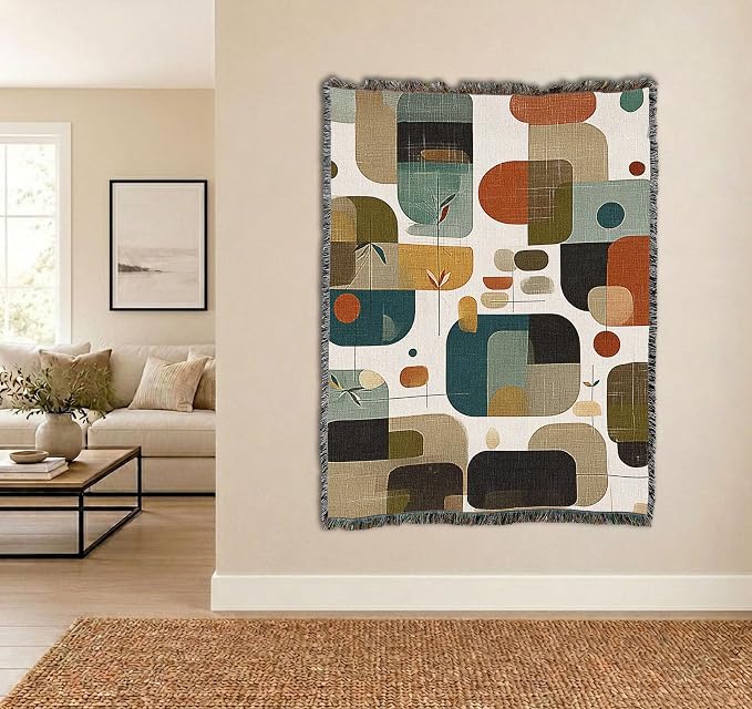Pure Country Weavers Abstract Linen Shapes Blanket - Mid Century Modern - Gift Tapestry Throw Woven from Cotton - Made in The USA (72x54)