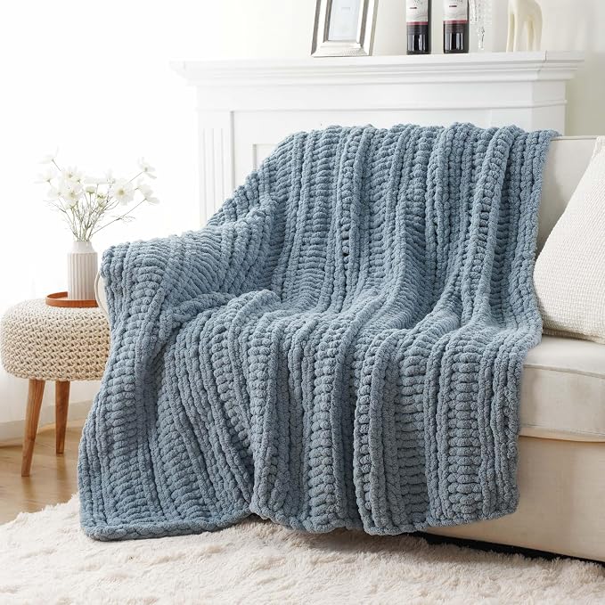 Battilo Chunky Knit Throw Blanket for Couch, 50"x60", Dusty Blue | Hand Knit, Cozy Warm Thick Soft Chenille Throw Blanket for Bed, Sofa, Living Room