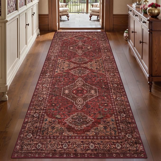 Tangsoo Boho 3x6 Entryway Runner Rug, Red Washable Non Slip Indoor Accent Runner Rugs, Vintage Print Carpet Runners, Oriental Soft Low Pile Rug for Living Room Dining Bedroom Bedside Entryway