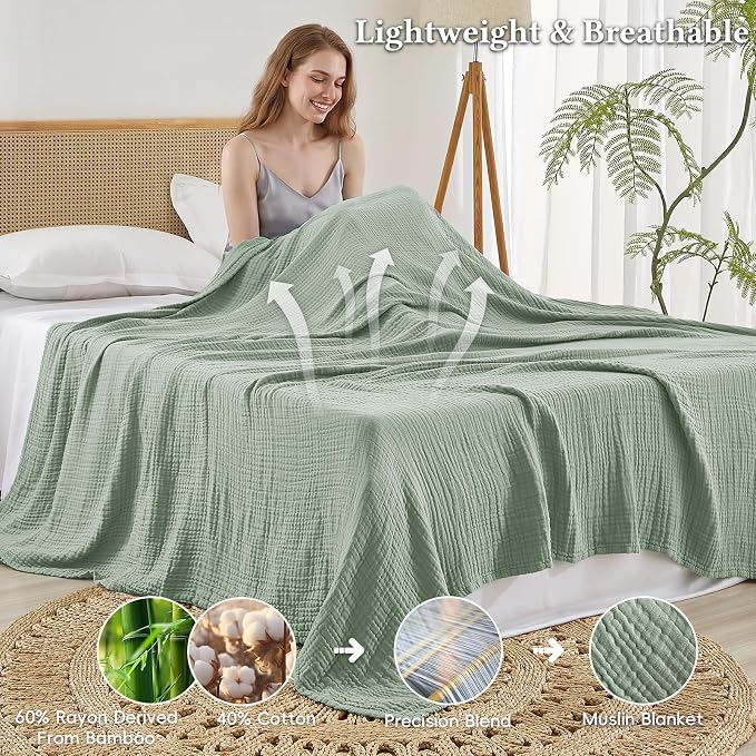 David's Home Soft Muslin Blanket Queen Size for Adults, 60% Rayon 40% Cotton, Breathable Lightweight Cooling Blanket for Hot Sleepers, 4-Layer Cozy Gauze for Bed, 90"x90", Sage Green
