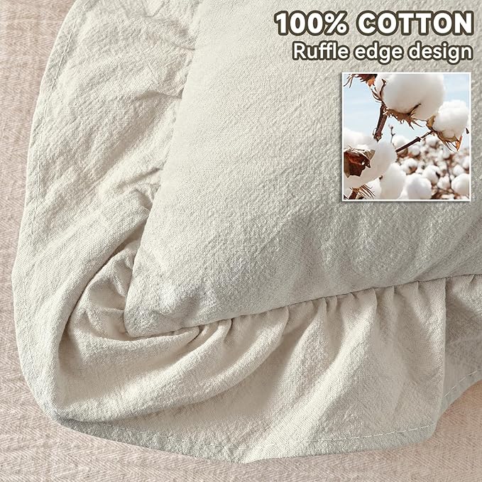AmHoo Pack of 2 Throw Pillow Covers 100% Cotton Pre Washed Ruffle Decorative Pillowcase Cushion for Couch Sofa Bedroom 22 x 22-Inch Beige
